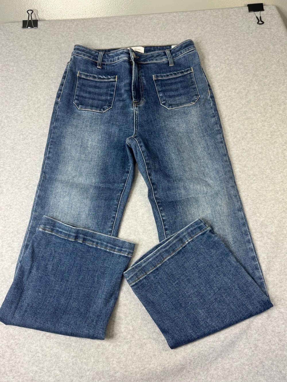 Risen Women High Rise Wide Leg Flare Jeans Front Patch Pockets Reto 15/32